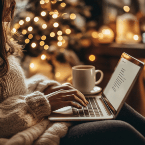 a picture of a woman typing on her laptop with a cup of coffee on the side table and holiday lights in the background thinking about holiday survival tips for neurodiverse kids