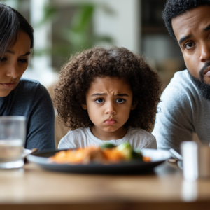 Woman with tan skin color sitting next to girl child with curly hair who is Picky Eating in Neurodiverse Kids next to a black man with short fade