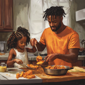 Black father with top fade with locs wearing a orange short sleeve shirt standing next to an 8 year old giel with curly jair eraing a whie tank top cooking mac and cheese for the Picky Eating in Neurodiverse Kids