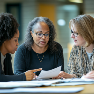 three women young black woman with curly fro, middle age black woman woman wearing glasses and white woman with glasses. At the parent-teacher conferences