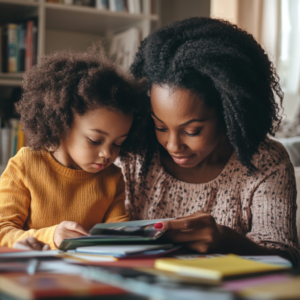 Mother and child sitting at a table dong school work after attending a parent teacher conferences