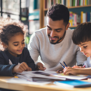 Father working with daughter and son after department of education closure