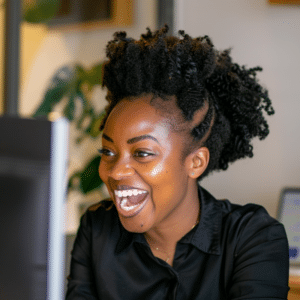 A black mother excited because she helped her son even though she advocating when you're out of time