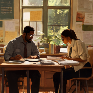 black man with low top curly fade working eith a white woman with a pony tail talking about how to support state test anxiety in kids
