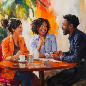 asian woman with her hair in a bun sitting next to a black woman witha curly hairsyle smiling and talking to a black man with low fade about how to support state test anxiety in kids