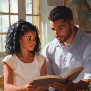 hispanic man with short haircut and beard studyign with his daughter who has long curly hair to help with state test anxiety in kids