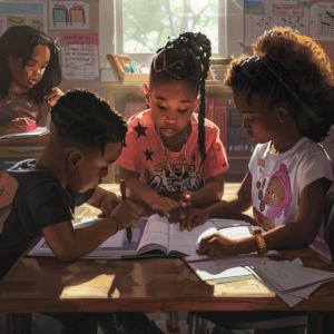 8 year old black kids with cornrolls in a ponytail studying with a black girl with a curly ponytail and black boy with a low top fade at a table state test anxiety in kids