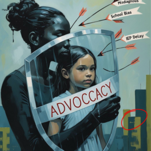 A black parent with child with shield labeled advocacy their child protecting them from bias Black Neurodivergence and dyscalculia 