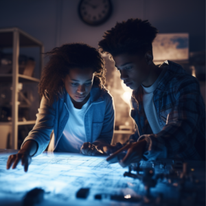 A boy and girl teenagers working on robotics showing black neurodivergence and dyscalculia brilliance