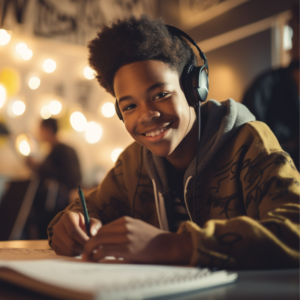 a black boy smiling while doing math classwork exemplifying the hoy when being supported with Back neurodivergence and dyscalculia 