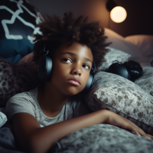Black boy with curly hair listening to headphones to chill as part of the summer routine for neurodiverse kids
