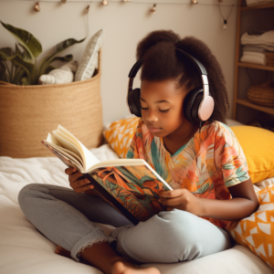 Black girl with long curly hair wearing phones headphones listening to audio books as part of her summer routine for neurodiverse kids