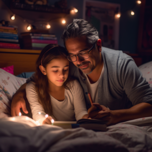 Hispanic man with grey,black hair reading a story to his daughter at bedtime as part of the summer routine for neurodiverse kids