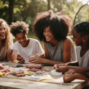black woman with curly hair laughing with 8 year old black boy with curly hair and black girl as part of the summer routine for neurodiverse kids