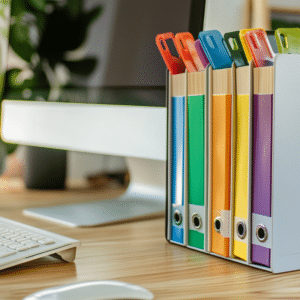 Color-coded folders and bins for organizing IEP documents and school forms to ensure back-to-school success for neurodiverse kids