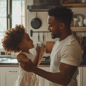 Black parent and neurodiverse child dancing to music during morning routine for stress relief. Practicing back to school success for neurodiverse kids