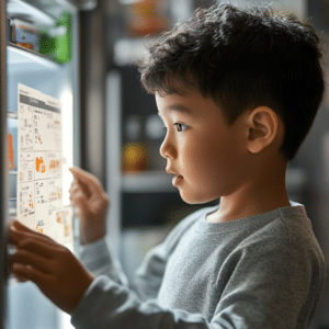 Neurodivergent child using a visual morning routine checklist with dry-erase marker practicing back to school success for neurodiverse kids