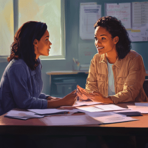  Parent and teacher discussing accommodations for neurodivergent child in a school. back-to-school success for neurodiverse kids