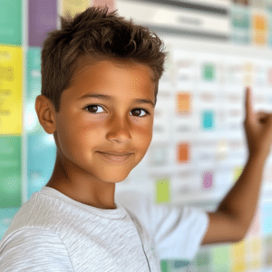 Neurodiverse child using an emotion chart for morning self-reflection before school. showing back -to-school success for neurodiverse kids