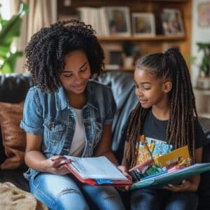 Black parent helping neurodiverse child organize school supplies for a successful back-to-school success for neurodiverse kids
