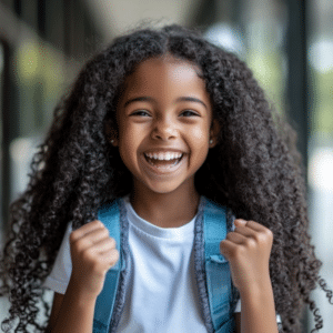Neurodiverse student smiling after completing a school task successfully showing back-to-school success for neurodiverse kids
