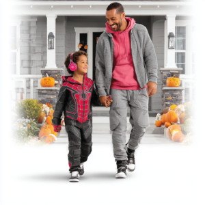 Father and son practicing trick or treating Halloween for Neurodiverse kids