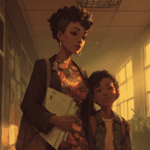 A black mother and child in a hall hopeful about special education advocacy for the upcoming year.