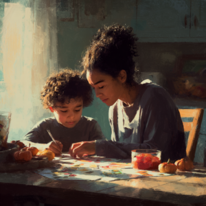 A mother and son coloring for a fun Halloween for Neurodiverse kids