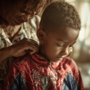 A black child wearing a spider man costume and his mother is fixing the collar so he can have a Halloween for neurodiverse kids