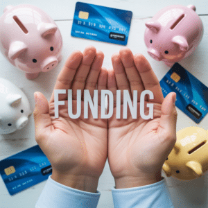 credit cards and piggy banks in the back round  with hands holding the word funding in special education
