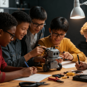 four students working on a robot due which will be affected by special education policy