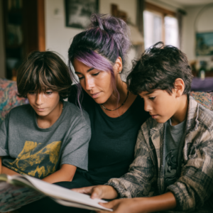 A hispanic woman reading on the couch with her two sons in homeschooling