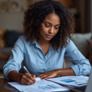 A black mother reviewing document for open enrollment