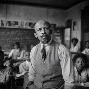 W.E.B Dubois sitting in a classroom with kids in the background.