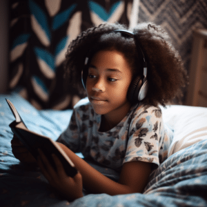 a balck curl with shoulder length twist out wearing headphones during winter break