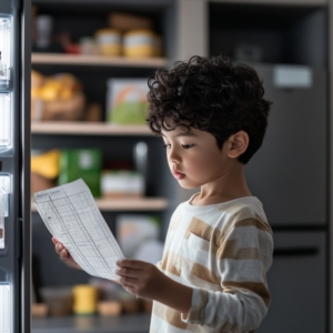 a 4 year old child looking at a visual schedule for winter break.