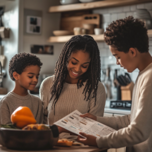 A black woman with locs smiling talking to her sons reviewing report card