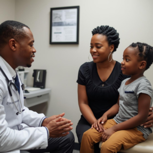 image of a black male pediatrician talking to a black mother and child in a doctors office.
