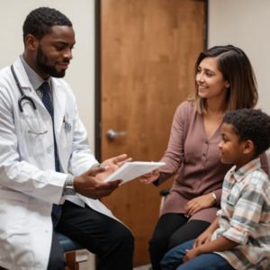 A black pediatrician talking to a mother with a short bob and child reviewing a checklist