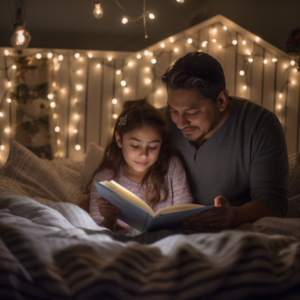 a father and daughter reading a book in a quiet room with low lights to handle holiday overwhlem