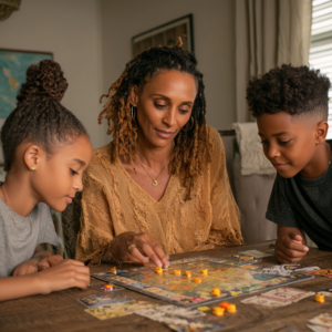 A Black mother Playing with Her Neurodiverse Kids.