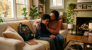 A mother comforting her child who has just come back from school and has ADHD and RSD.
