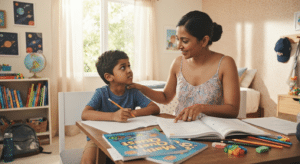 Mother helping her son with a summer reading worksheet