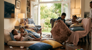 Kids building a pillow fort, a calming sensory activity for children